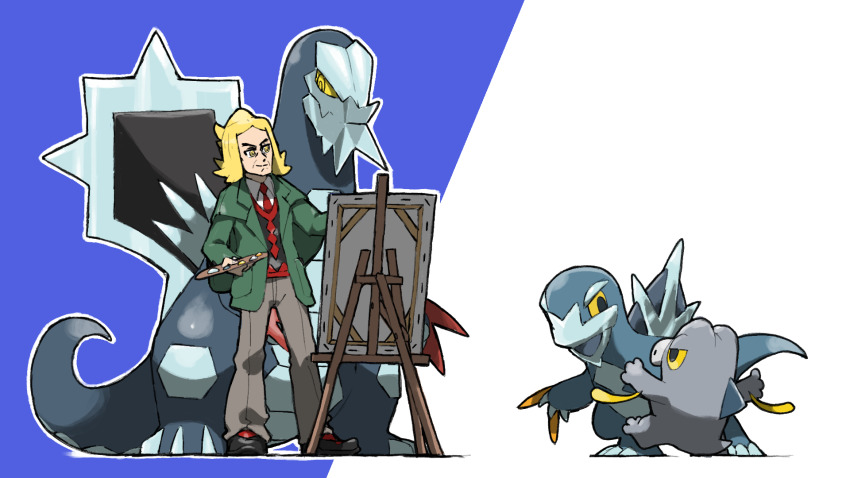 1boy arctibax baxcalibur black_footwear black_vest blacknirrow blonde_hair blue_background brown_pants canvas_(object) closed_mouth collared_shirt colored_sclera commentary easel english_commentary evolutionary_line frigibax green_jacket hassel_(pokemon) highres holding holding_paint_palette jacket medium_hair necktie nintendo open_mouth outline paint paint_palette painting_(action) pants pokemon pokemon_(creature) pokemon_sv red_necktie shirt shoes simple_background smile standing two-tone_background v-shaped_eyebrows vest white_background white_outline white_shirt yellow_eyes yellow_sclera