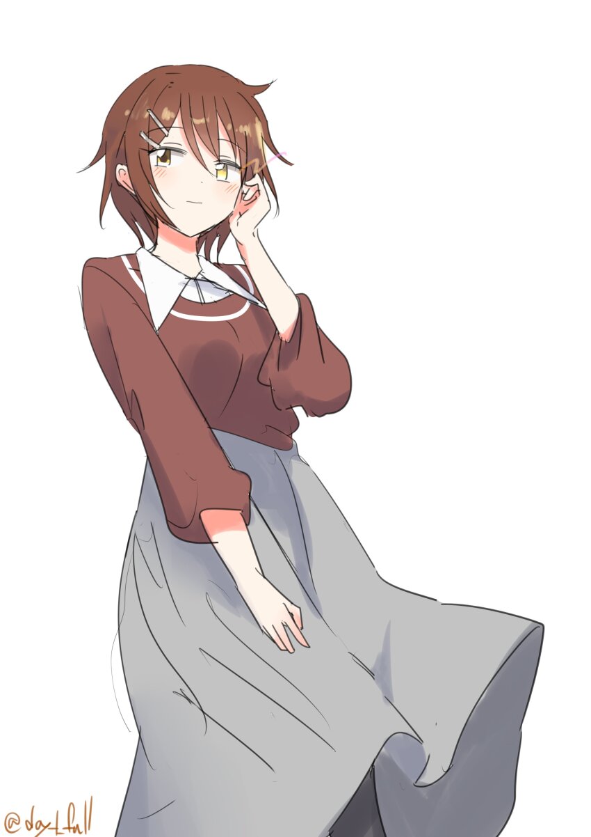 1girl absurdres brown_eyes brown_hair brown_sweater collared_shirt dress_shirt feet_out_of_frame furutaka_(kancolle) furutaka_(valentine)_(kancolle) glowing glowing_eye grey_skirt heterochromia highres kantai_collection one-hour_drawing_challenge robinson_(day_l_full) shirt short_hair simple_background skirt solo sweater twitter_username white_background white_shirt yellow_eyes