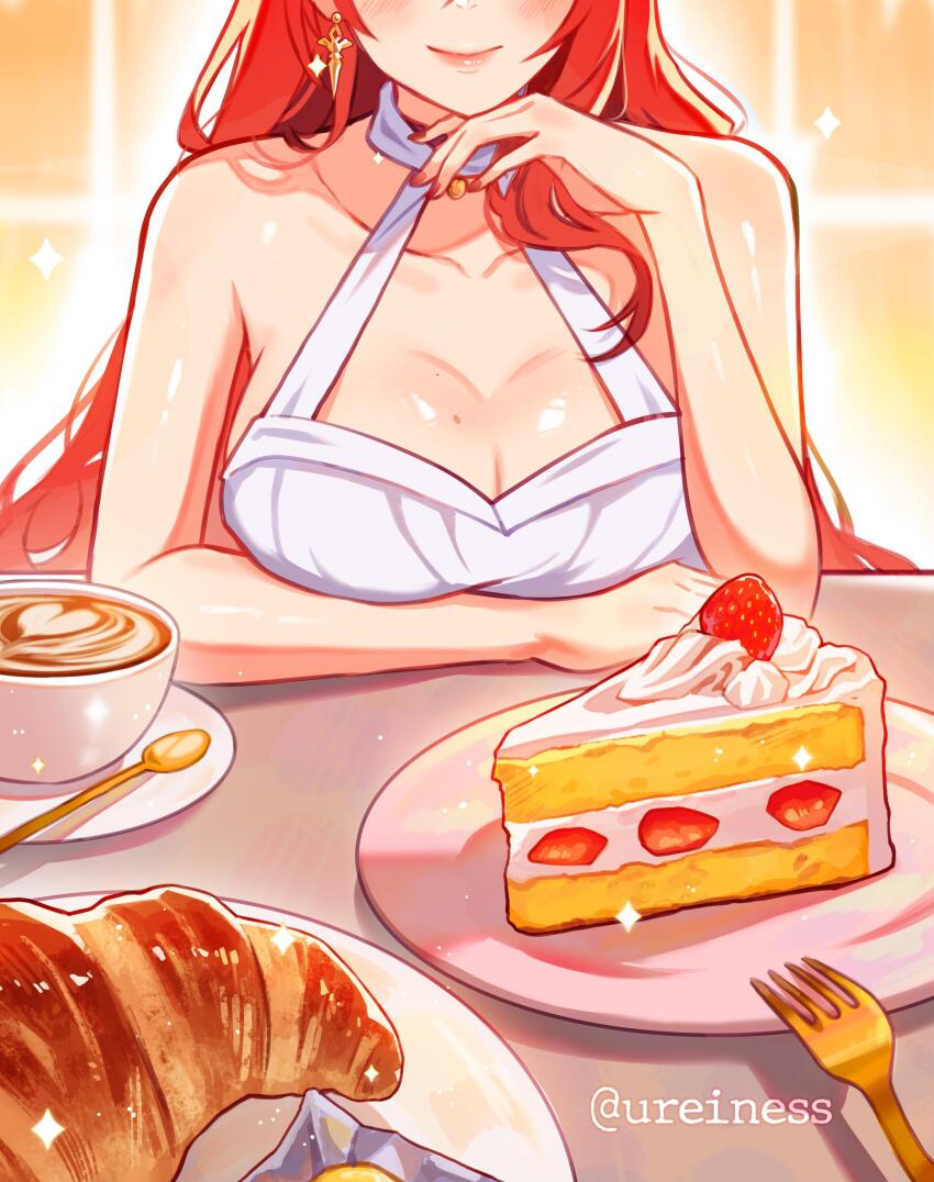 1girl absurdres arm_rest arm_under_breasts bare_shoulders breasts cake cake_slice closed_mouth coffee coffee_mug commentary croissant cup dress earrings english_commentary food fork fruit hand_on_own_chin hand_up head_out_of_frame highres himeko_(honkai:_star_rail) honkai:_star_rail honkai_(series) jewelry large_breasts latte_art long_hair mug nail_polish plate pov_across_table red_hair red_nails reiness_(ureiness) saucer sleeveless sleeveless_dress smile solo sparkle spoon strawberry table twitter_username upper_body white_dress
