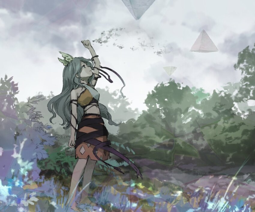 1girl barefoot chirizuka_ubame grey_hair kaigen_1025 long_hair looking_up nature orange_skirt outdoors purple_ribbon ribbon skirt solo touhou