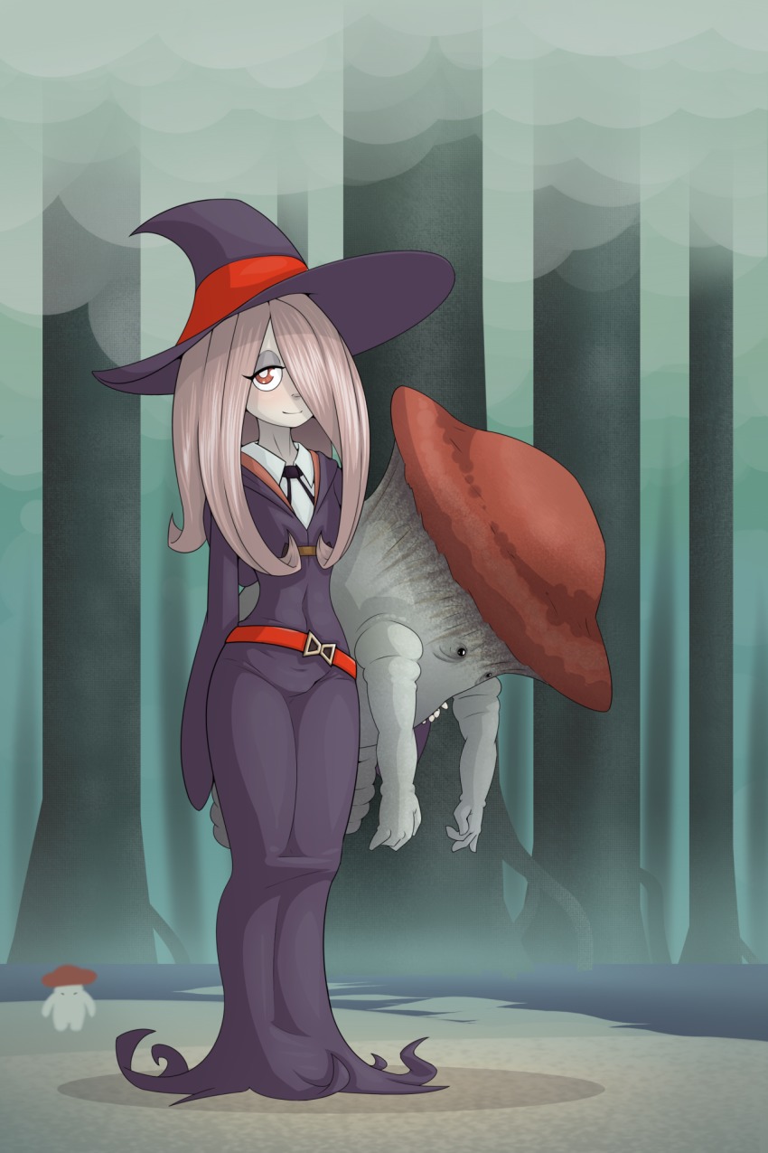 10s 1girl covered_navel dark_souls_(series) dark_souls_i hat highres impossible_clothes limebreaker little_witch_academia mushroom_child mushroom_parent one_eye_covered smile sucy_manbavaran tree witch_hat