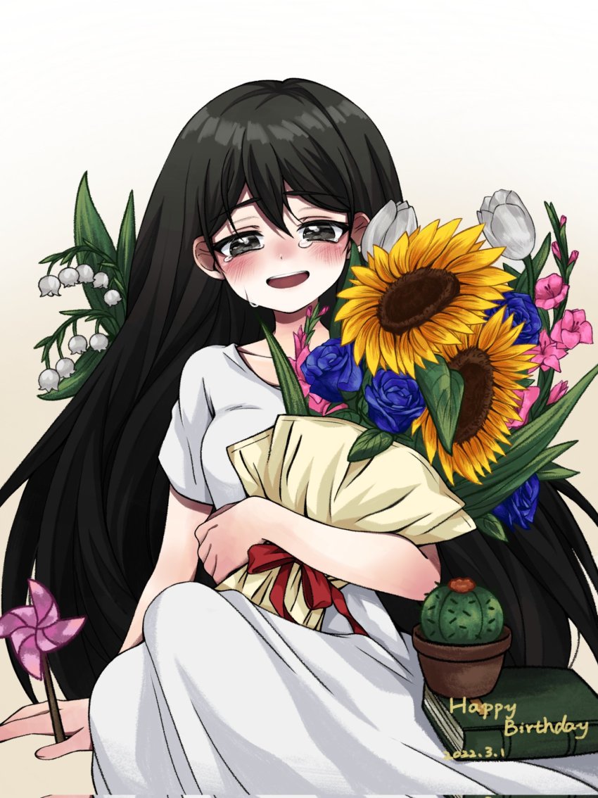 1girl black_eyes black_hair blush bouquet cactus collarbone dated dress flower happy_birthday highres holding holding_bouquet holding_pinwheel linglanjunying long_hair looking_at_viewer mari_(faraway)_(omori) mari_(omori) omori open_mouth pinwheel smile solo sunflower tears tulip white_dress
