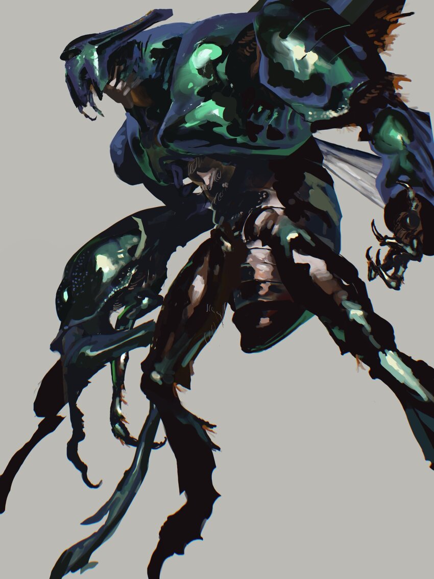 animalization beetle bolinoak_sammahn bug carapace green_eyes grey_background gundam highres insect insect_wings legs_apart looking_ahead mecha mobile_suit no_humans one-eyed rintaro_komori robot simple_background solo wings zeta_gundam