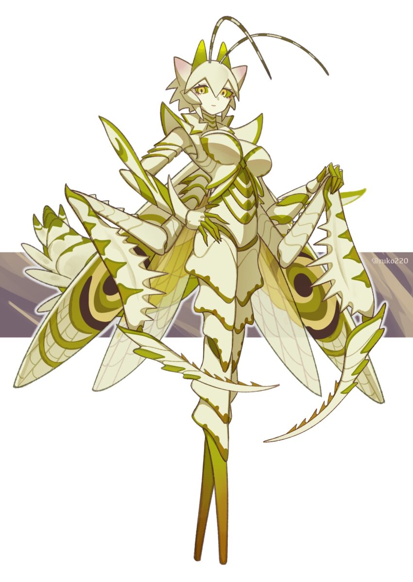 1girl antennae arthropod_girl breasts carapace claws colored_sclera colored_skin extra_arms full_body green_hair green_sclera green_skin hand_on_own_hip highres insect_wings looking_at_viewer mantis_girl medium_breasts monster_girl no_feet original ruteko_(ruko220) short_hair solo standing very_short_hair wings yellow_eyes