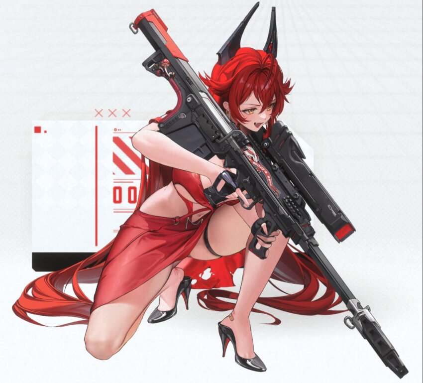 1girl alcohol antenna_hair anti-materiel_rifle bandaid bandaid_on_foot barrett_firearms_manufacturing barrett_m82 barrett_m82a2 between_breasts black_footwear black_gloves black_necktie blinking blush bottle bouncing_breasts breasts bullpup cassette_tape character_name copyright_name cup dress earrings fingerless_gloves full_body gloves goddess_of_victory:_nikke grin gun hair_between_eyes high_heels highres holding holding_cup holding_weapon jewelry large_breasts long_hair looking_at_viewer mikan03_26 multiple_views muzzle_device navel necktie necktie_between_breasts night-vision_device official_alternate_costume official_art on_one_knee open_mouth phonograph picture_frame pistol_grip rail_(weapon) record red_dress red_hair red_hood_(nikke) red_hood_(nonsense_red)_(nikke) rifle scope smile sniper_rifle standing standing_on_one_leg sticker television thigh_strap torn_clothes torn_dress trigger_discipline underboob very_long_hair weapon wine wine_bottle winking_(animated) yellow_eyes