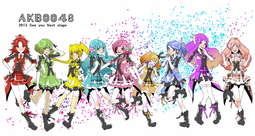10s 6+girls aida_orine akb0048 aqua_hair bad_id bad_pixiv_id blonde_hair blush brown_hair flower gradient_hair green_hair ichijou_yuuka kanzaki_suzuko kishida_mimori leaf_and_some long_hair motomiya_nagisa multicolored_hair multiple_girls ponytail red_hair shinonome_kanata shinonome_sonata short_hair smile sono_chieri thighhighs twintails yokomizo_makoto