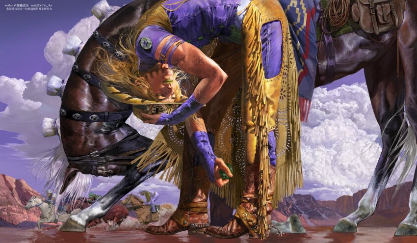 1boy boots cloud cowboy_boots cowboy_hat cowboy_shot from_side full_body goggles goggles_on_headwear gold_teeth green_lips grills gyro_zeppeli hand_on_headwear hat highres horse horseback_riding jojo_no_kimyou_na_bouken looking_at_viewer male_focus riding solo steel_ball_(jojo) steel_ball_run tudou_estor