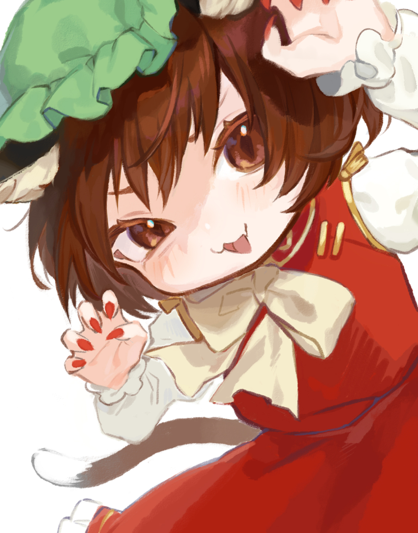 1girl :3 :d animal_ear_fluff animal_ears bow bowtie brown_eyes brown_hair cat_ears cat_tail chen chibi claw_pose commentary_request cowboy_shot eyebrows_hidden_by_hair fang fingernails frilled_sleeves frills gao gold_trim hands_up hat highres juliet_sleeves light_blush long_sleeves looking_at_viewer mob_cap nail_polish no_nose open_mouth petticoat puffy_sleeves red_nails red_skirt red_vest sharp_fingernails short_hair skin_fang skirt skirt_set smile solo swept_bangs tail teruteru_(teru_teru) touhou v-shaped_eyebrows vest white_bow white_bowtie