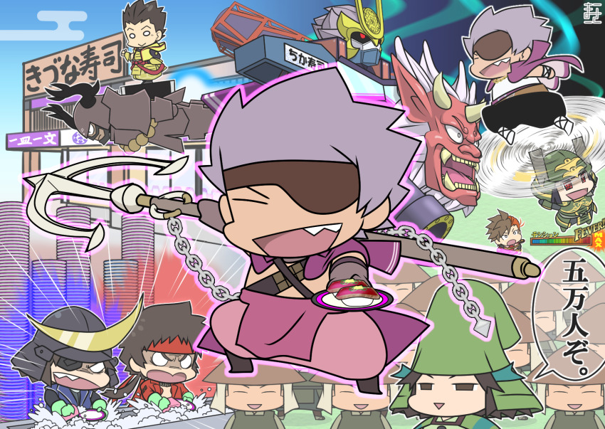 6+boys :d ^_^ anchor armor black_hair black_pants brown_hair chibi chibi_only chousokabe_motochika_(sengoku_basara) cleaning closed_eyes date_masamune_(sengoku_basara) dishwashing dual_persona eyepatch gakuen_basara headband helmet highres holding holding_anchor honda_tadakatsu_(sengoku_basara) jacket jacket_on_shoulders japanese_armor jewelry kabuto_(helmet) long_hair looking_at_another looking_at_viewer male_focus manojimerser mouri_motonari_(sengoku_basara) multicolored_hair multiple_boys necklace official_style open_mouth pants pink_pants ponytail purple_hair purple_jacket red_hair red_headband sanada_yukimura_(sengoku_basara) sengoku_basara shibata_katsuie_(sengoku_basara) shima_sakon_(sengoku_basara) shirt short_hair shouting smile spiked_hair thumbs_up tokugawa_ieyasu_(sengoku_basara) triangle_mouth two-tone_hair white_shirt