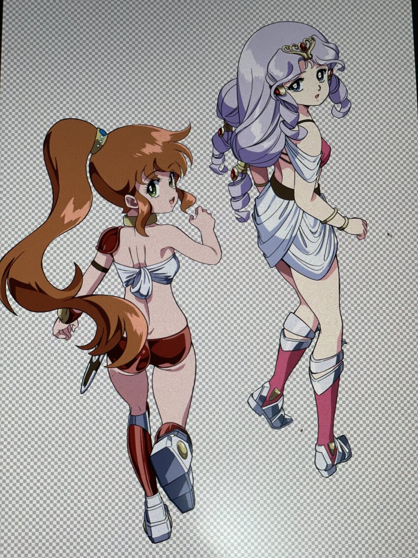 2girls absurdres armor ass bikini bikini_armor boots breasts brown_hair butt_crack caron_(rall) cream_lemon from_behind green_eyes highres julia_(rall) kabashima_yousuke knee_boots long_hair looking_back multiple_girls open_mouth pink_bikini pink_boots ponytail purple_hair red_bikini red_footwear sf_choujigen_densetsu_rall skirt small_breasts smile swimsuit thighs tiara white_skirt