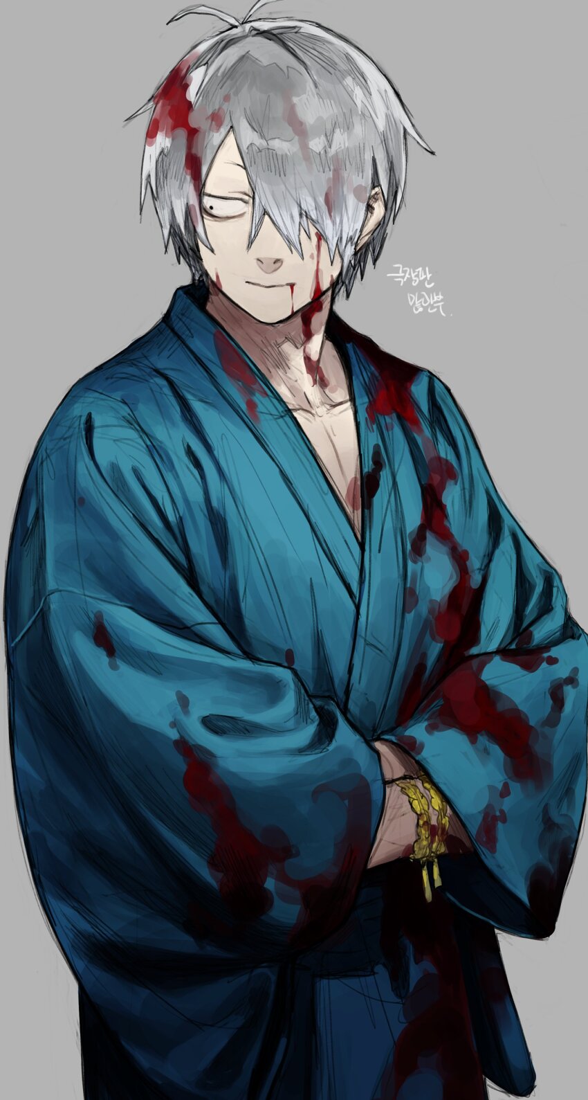 1boy absurdres blood blood_in_hair blood_on_clothes blue_kimono bracelet closed_mouth collarbone commentary_request cowboy_shot gegege_no_kitarou hair_over_one_eye hands_in_opposite_sleeves highres japanese_clothes jewelry kimono kitarou_tanjou:_gegege_no_nazo korean_commentary long_sleeves looking_to_the_side male_focus medama_oyaji medama_oyaji_(human) one_eye_covered p_(pm_611a) parted_bangs short_hair sideways_glance solo standing wide_sleeves yukata
