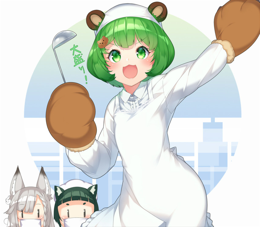 3girls :3 :d animal_ear_fluff animal_ears animal_hands animare apron arm_up bear_ears bear_hair_ornament blush brown_gloves center_frills collared_shirt ears_through_headwear frills fur-trimmed_gloves fur_trim gloves green_eyes green_hair grey_hair hair_between_eyes hair_ornament hashiba_natsumi_(animare) headscarf highres hinokuma_ran holding kappougi kokka_han ladle mask mouth_mask multiple_girls nanashi_inc. open_mouth outstretched_arm paw_gloves shiromiya_mimi shirt short_hair smile translation_request v-shaped_eyebrows virtual_youtuber white_headscarf white_headwear white_shirt