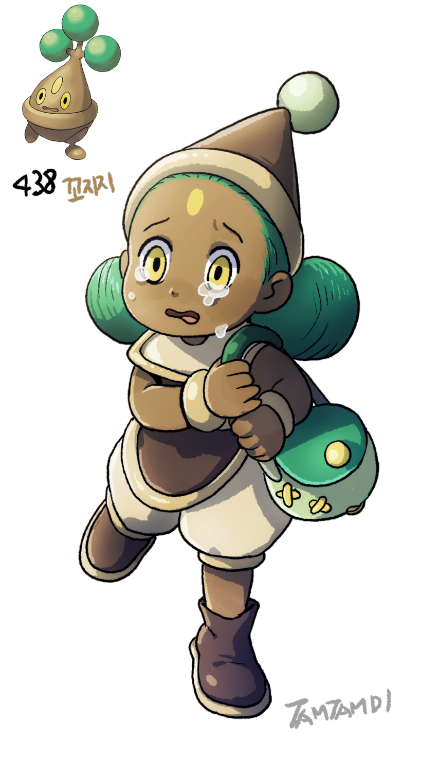 1girl bonsly brown_footwear brown_hat brown_shirt crying dark-skinned_male dark_skin double_bun full_body game_freak gen_4_pokemon green_bag green_hair hair_bun hat highres looking_at_viewer nintendo open_mouth pokemon pokemon_(creature) reference_inset shirt signature simple_background tamtamdi translated white_background yellow_eyes