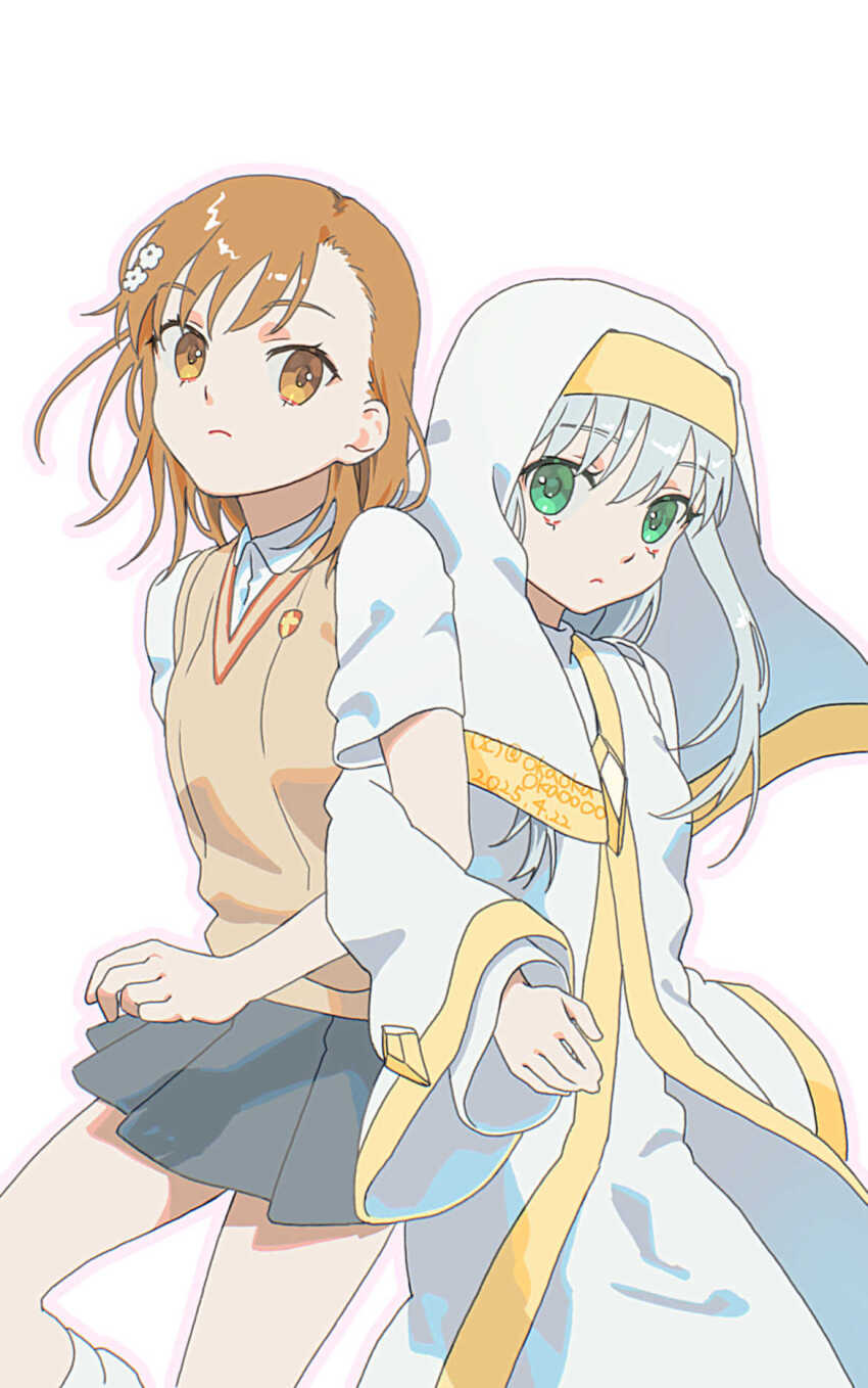 1girl 2girls asymmetrical_bangs brown_eyes brown_hair brown_sweater_vest collared_shirt commentary_request dated green_eyes grey_hair grey_skirt hair_ornament hairpin highres index_(toaru_majutsu_no_index) locked_arms long_hair looking_at_viewer miniskirt misaka_mikoto multiple_girls nun okaokaokaoooo pleated_skirt robe school_emblem school_uniform shirt short_sleeves signature skirt solo summer_uniform sweater_vest toaru_majutsu_no_index tokiwadai_school_uniform v-neck white_robe white_shirt