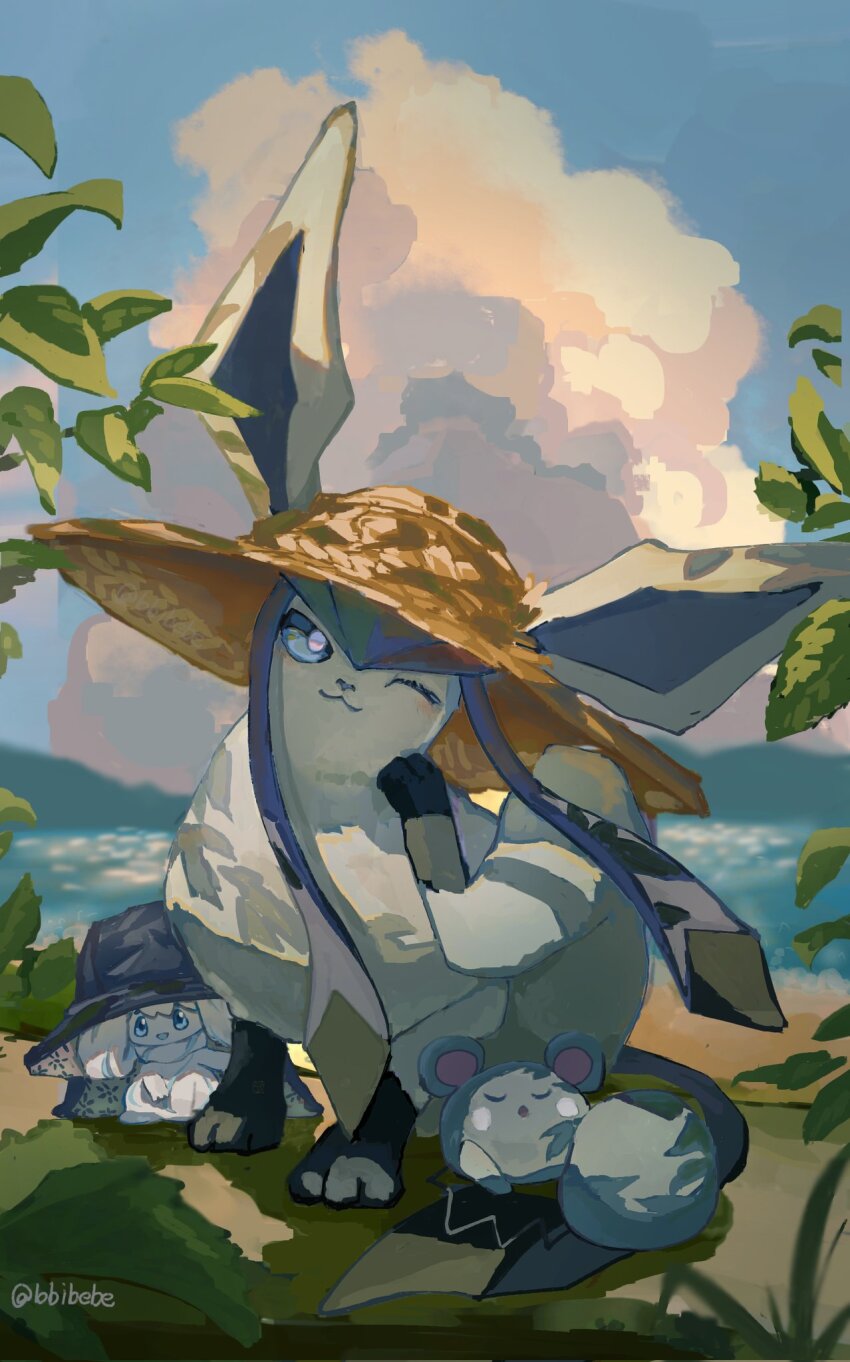 alcremie animal animal_focus azurill bbibebe beach blue_eyes blue_hair closed_eyes game_freak gen_3_pokemon gen_4_pokemon gen_8_pokemon glaceon hat highres long_hair nintendo open_mouth pokemon pokemon_(creature) sidelocks sitting sleeping smile twitter_username