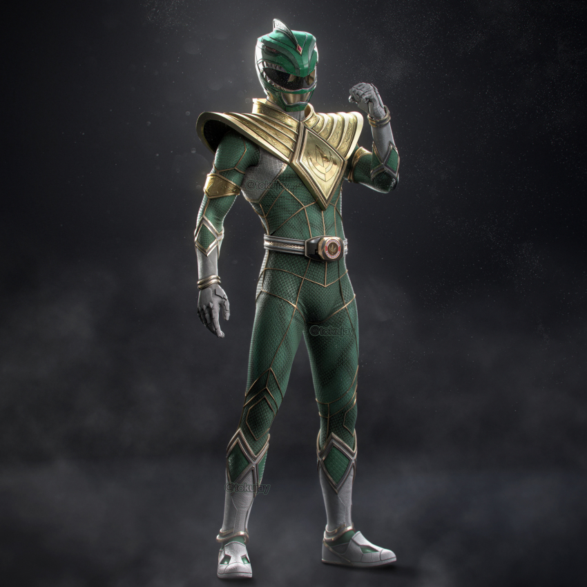 1boy 3d arm_guards armor artist_name belt bodysuit boots dino_buckler dragon_ranger gloves gold_armor gold_trim green_bodysuit helmet highres mighty_morphin_green_ranger mighty_morphin_power_rangers power_rangers shoulder_armor tokujay tokusatsu twitter_username