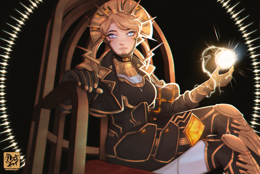 apex_legends artist_name black_bodysuit black_hair black_jacket blue_eyes bodysuit breasts bright_pupils commentary cropped crossed_arms english_commentary glowing jacket looking_at_viewer nica_(robbeary) official_alternate_costume open_hand parted_lips pink_lips short_hair sitting small_breasts solar_static_wattson thrown wattson_(apex_legends) white_pupils