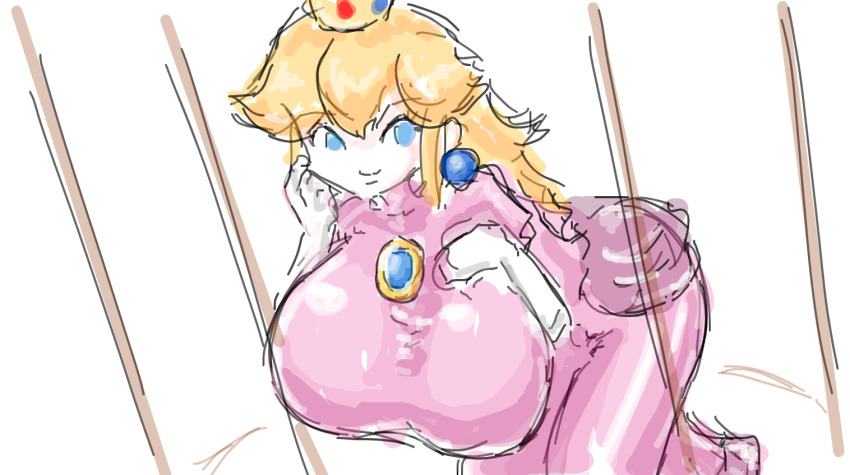 1girl blonde_hair blue_eyes breasts cage dress gloves hand_on_own_chest hanging_breasts kneeling large_breasts leaning_forward long_hair looking_at_viewer mario_(series) nintendo oekaki princess princess_peach smile solo