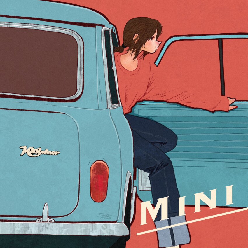 1girl blending blue_pants brown_hair car feet_out_of_frame highres long_sleeves mini_cooper motor_vehicle original pants ponytail profile red_background red_nails red_shirt shirt sleeves_past_wrists solo syooooyoooo