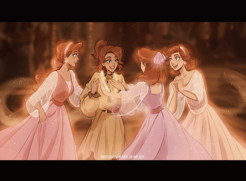 4girls anastasia_(1997) anya_(anastasia) blue_eyes blush bow commentary dress earrings english_commentary green_dress hair_bow hair_bun hair_ribbon half_updo highres itslopezz jewelry letterboxed long_sleeves maria_(anastasia) multiple_girls necklace olga_(anastasia) open_mouth pearl_necklace pink_dress ponytail purple_dress red_hair ribbon see-through_clothes see-through_sleeves siblings sisters smile spirit tatiana_(anastasia) twitter_username