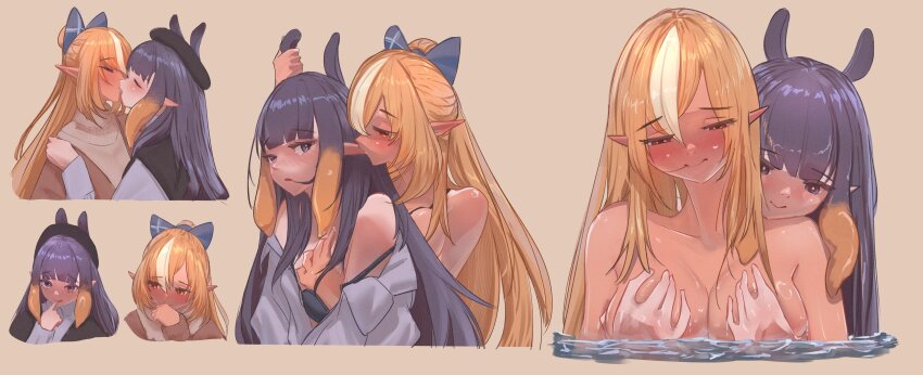 2girls absurdres black_bra black_hair black_hat blue_bow blue_eyes blush bow bra breasts brown_background brown_jacket commentary elf english_commentary floomf grabbing_another&#039;s_breast grabbing_from_behind grey_shirt grey_sweater groping hair_bow hair_down hat highres hololive jacket kiss long_hair medium_breasts multicolored_hair multiple_girls multiple_views ninomae_ina&#039;nis nude off_shoulder partially_submerged pointy_ears red_eyes shiranui_flare shirt simple_background streaked_hair sweater underwear wet wet_hair white_hair yuri