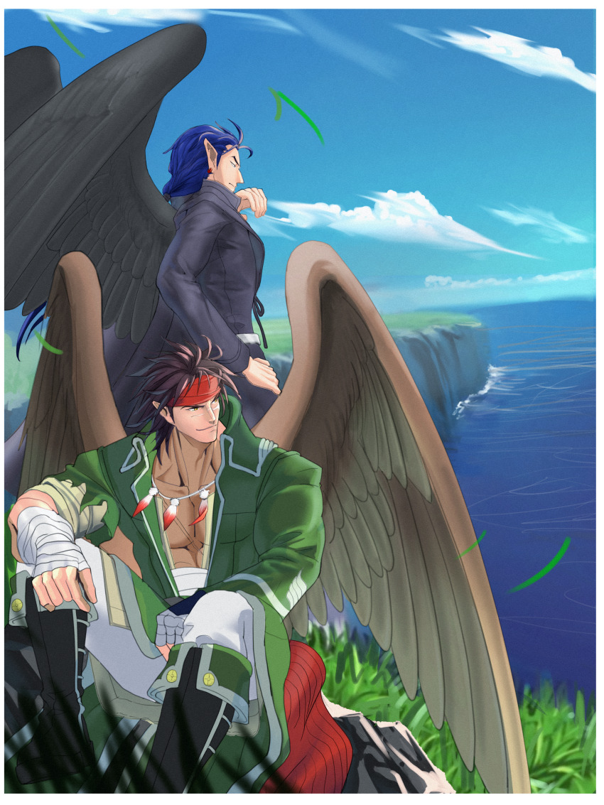 2boys absurdres bandages blue_hair blue_sky boots fire_emblem fire_emblem:_path_of_radiance fire_emblem:_radiant_dawn grass headband highres multiple_boys naesala1063 naesala_(fire_emblem) nintendo ocean pointy_ears sky tibarn_(fire_emblem) wings