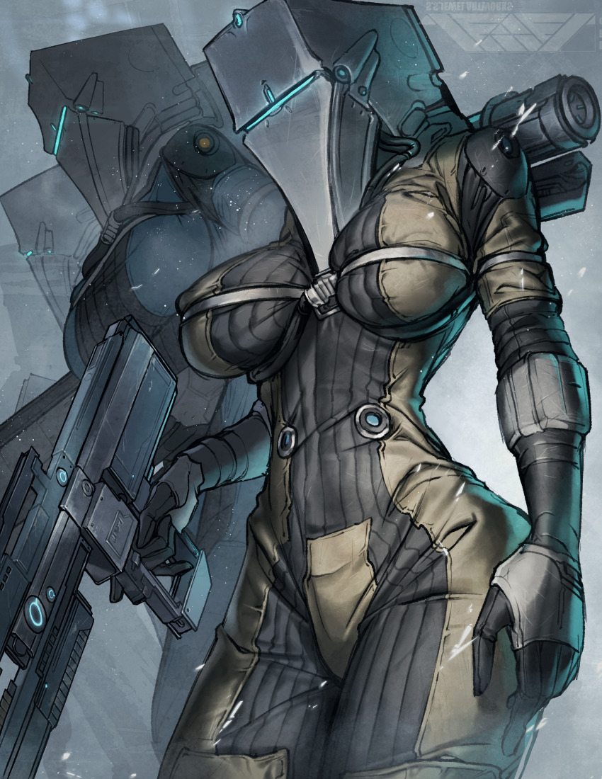 3girls armor bodysuit breasts commentary corpus_(warframe) covered_erect_nipples cowboy_shot energy_gun english_commentary gloves gun helmet highres holding holding_gun holding_weapon juerucj large_breasts multiple_girls plasma_rifle primary_weapon_(warframe) rifle science_fiction skindentation warframe weapon