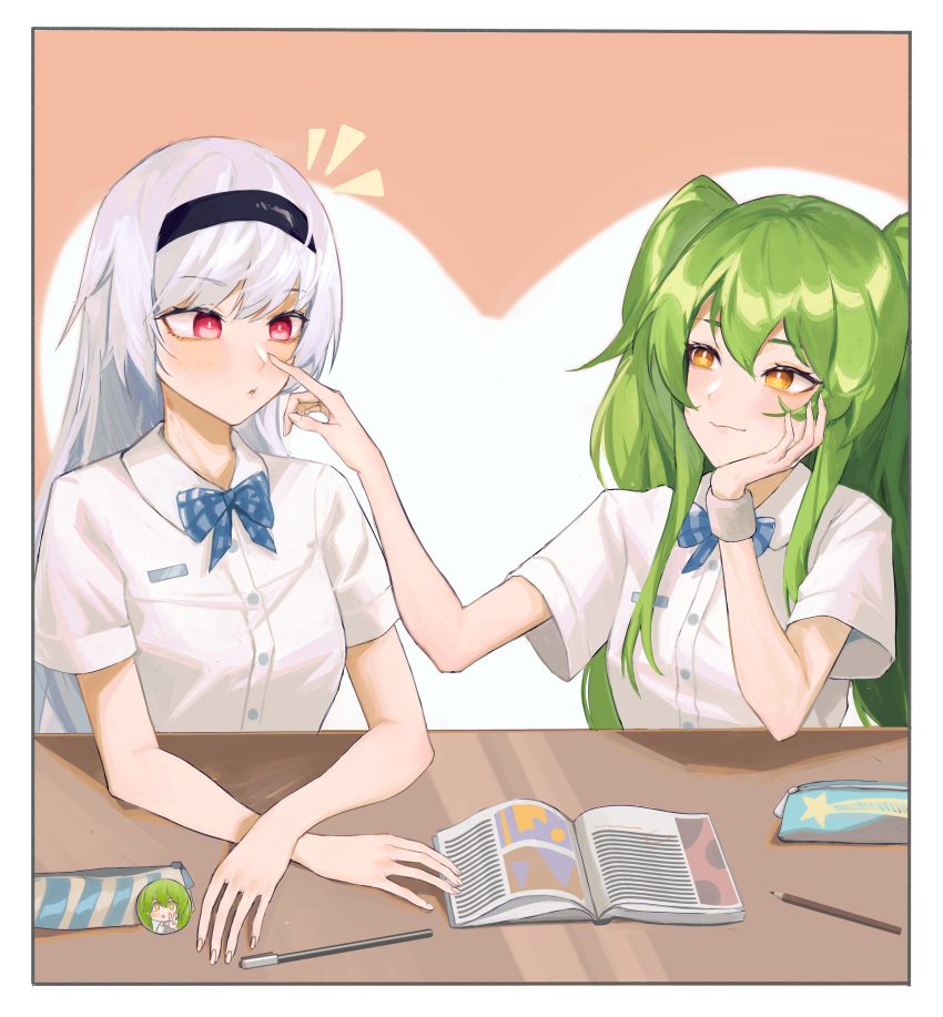 2girls absurdres blue_hair blue_neckwear blush book bow bowtie chuck_(harfmoondark) closed_mouth finger_to_own_nose girls&#039;_frontline green_hair hairband hand_on_head highres long_hair looking_at_another m950a_(girls&#039;_frontline) multiple_girls red_eyes shirt smile table thunder_(girls&#039;_frontline) twintails white_shirt yellow_eyes
