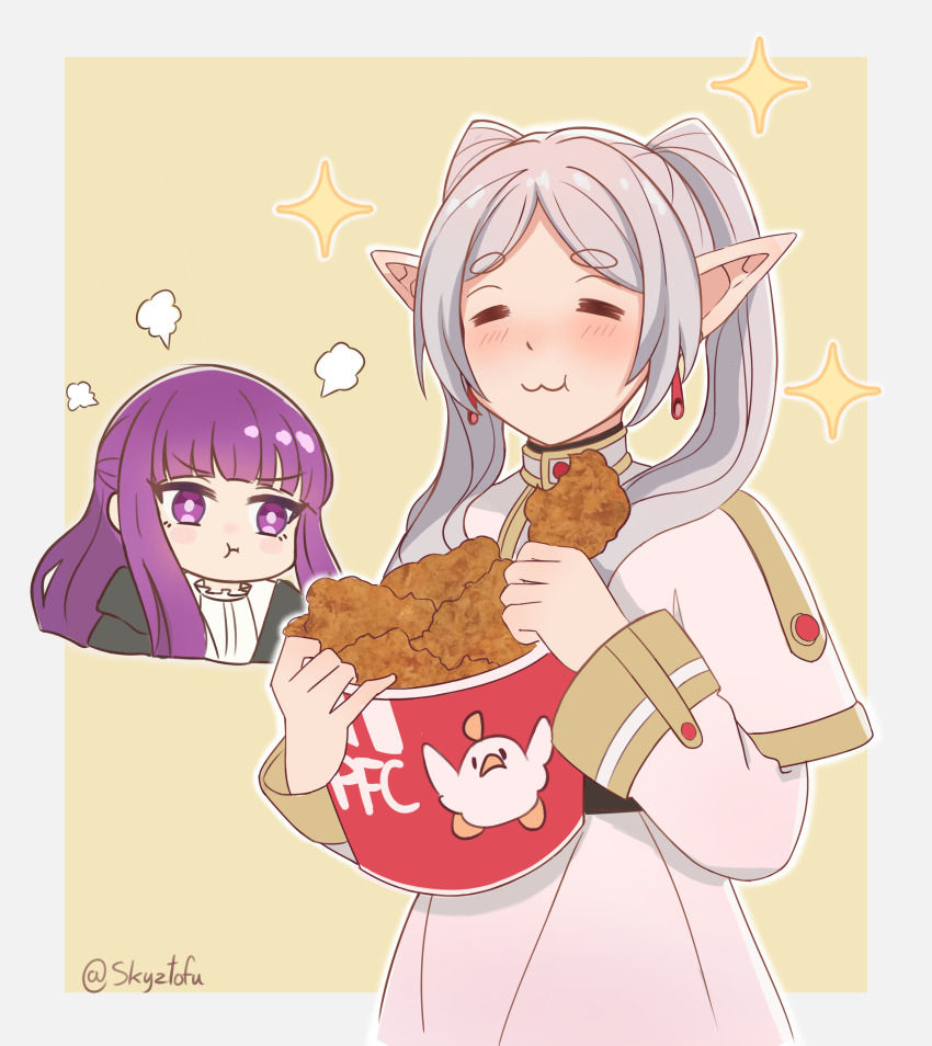 2girls absurdres artist_name blunt_bangs blush bucket_of_chicken chibi chicken_(food) closed_eyes earrings eating elf fern_(sousou_no_frieren) food fried_chicken frieren grey_hair highres holding holding_food jewelry long_sleeves multiple_girls parted_bangs pointy_ears pout purple_eyes purple_hair robe skytofu sousou_no_frieren yellow_background