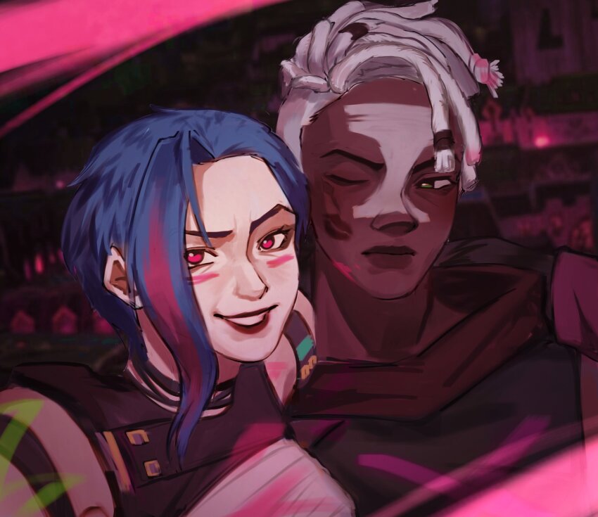 1boy 1girl arcane:_league_of_legends arm_around_neck blue_eyes blue_hair curtained_hair dreadlocks ekko_(league_of_legends) facial_mark grin highres jinx_(league_of_legends) league_of_legends lipstick_mark looking_at_another looking_at_viewer one_eye_closed pink_eyes pink_streaks smile verralynn white_hair