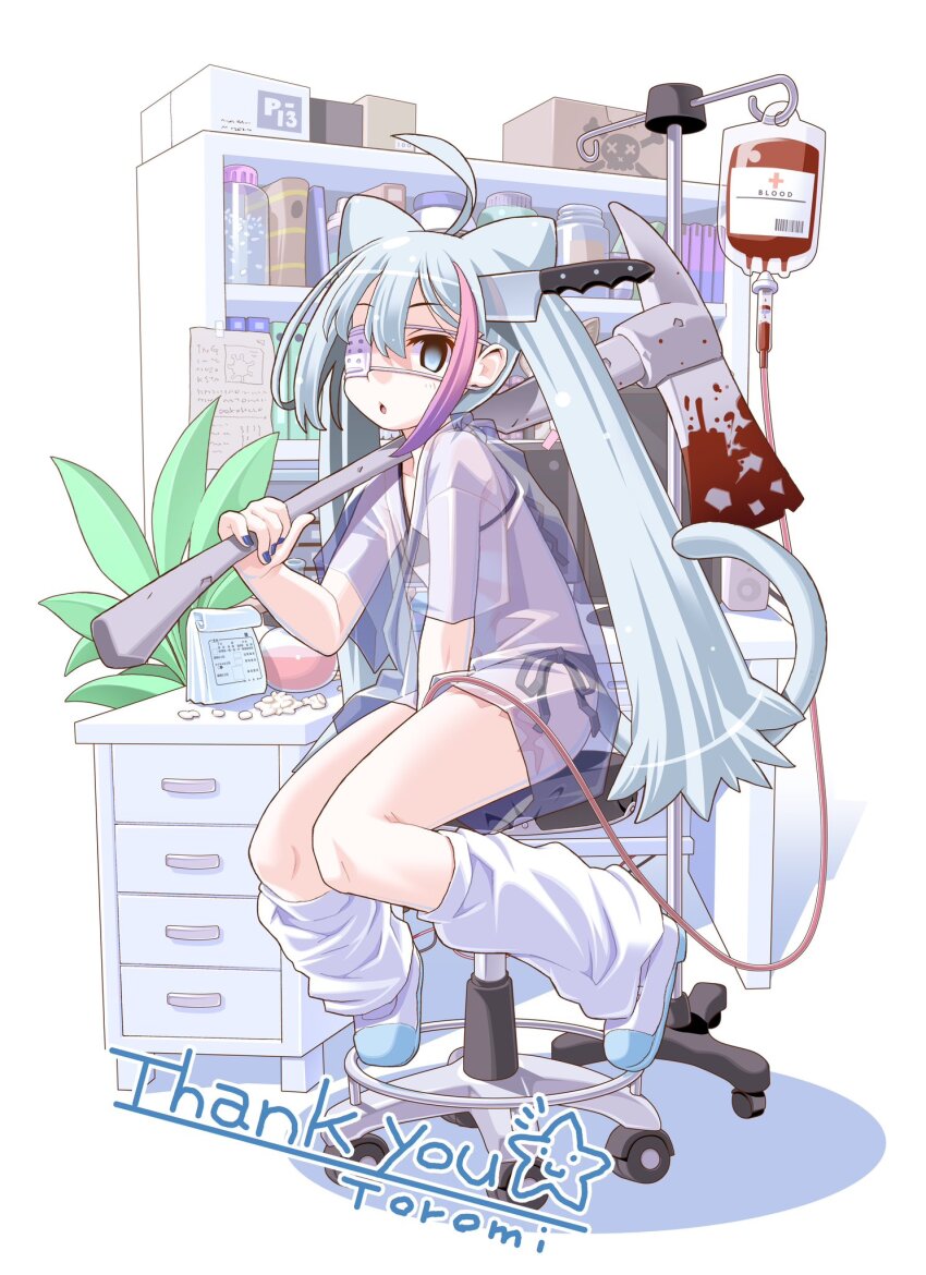 1girl ahoge animal_ears artist_name axe between_legs bikini bikini_under_clothes black_bikini blood bloody_weapon blue_eyes blue_hair blue_nails blue_shirt borrowed_character cat_ears cat_girl cat_tail chair commentary_request commission empty_eyes eyepatch flat_chest full_body hand_between_legs highres holding holding_axe holding_weapon intravenous_drip knife_in_head leg_warmers long_hair looking_at_viewer medical_eyepatch multicolored_hair nail_polish object_through_head on_chair one_eye_covered open_mouth original over_shoulder pink_hair see-through_clothes see-through_shirt shirt side-tie_bikini_bottom sitting skeb_commission solo streaked_hair swimsuit tail thank_you toromi_(toromix2) twintails two-tone_hair weapon weapon_over_shoulder white_footwear white_leg_warmers