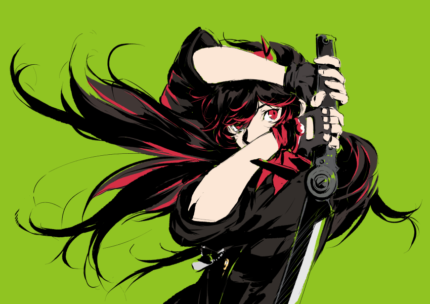 1girl absurdres ay5122379 black_gloves black_hair black_jacket dog_tags fake_horns fighting_stance gloves green_background highres holding holding_sword holding_weapon horns jacket katana lucia:_lotus_(pgr) lucia_(pgr) multicolored_hair paper_cutout_(medium) papercraft_(medium) punishing:_gray_raven red_eyes red_hair red_horns red_scarf scarf solo streaked_hair sword unconventional_media weapon