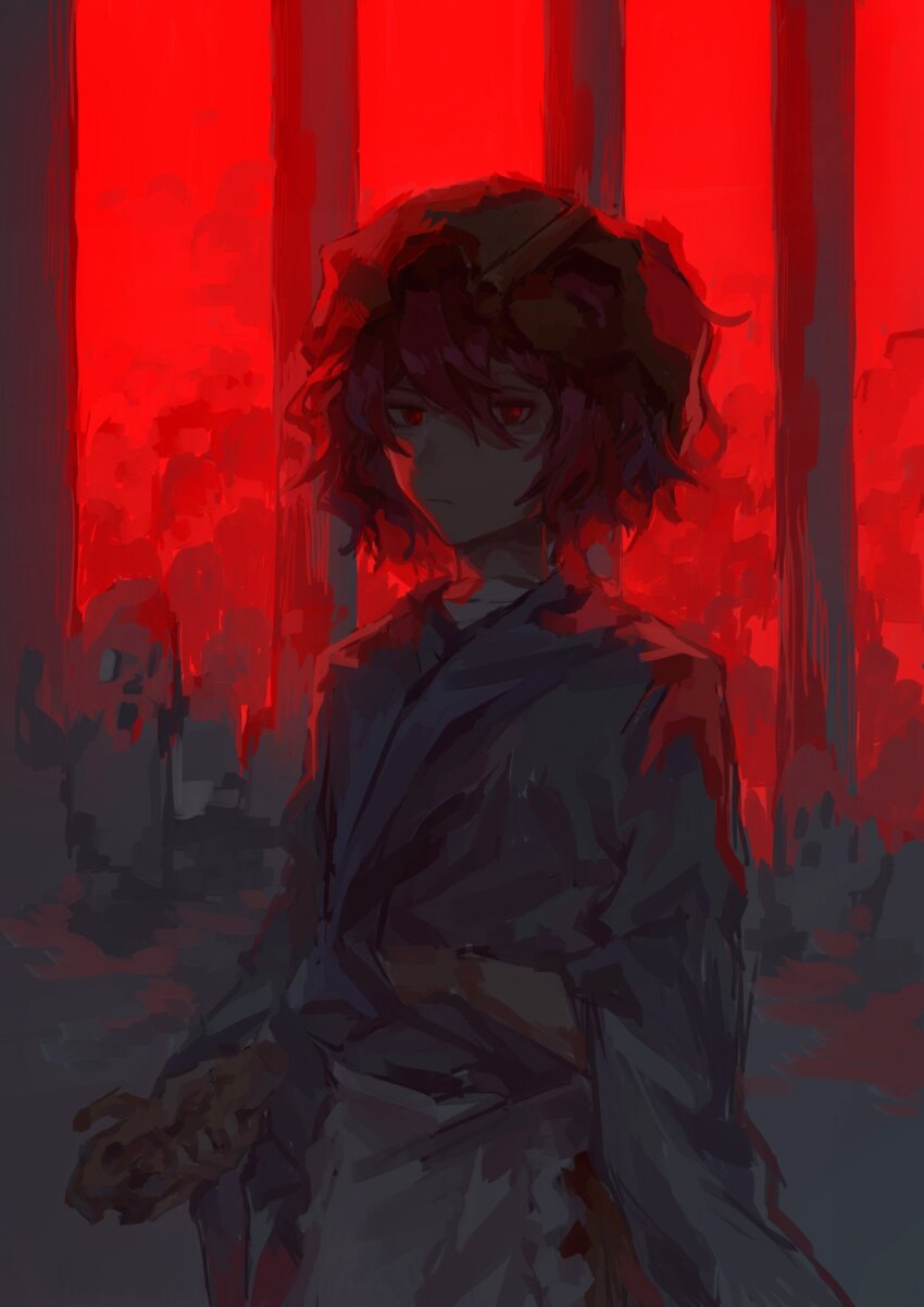 1other androgynous apron badai blue_kimono brown_headwear brown_skirt chinese_commentary closed_mouth commentary_request dark_foreground forest frilled_apron frills frown glowing glowing_eyes hakama hakama_short_skirt hakama_skirt haniwa_(statue) helmet highres holding japanese_clothes katano_sukune kimono len&#039;en long_sleeves looking_at_viewer nature red_eyes red_hair red_sky short_hair skirt sky upper_body waist_apron white_apron wide_sleeves