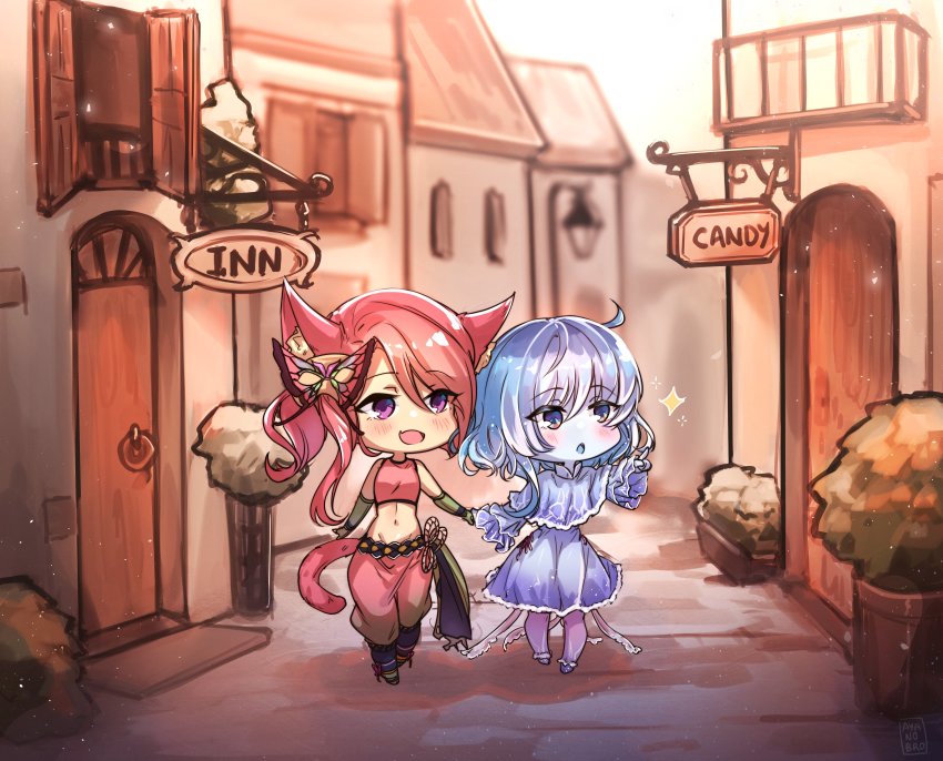 2girls absurdres ahoge animal_ears ayanobro blue_eyes blue_hair blue_skin bug butterfly candy_store cat_ears cat_girl cat_tail chibi colored_skin crop_top elbow_gloves fang gloves hair_ornament highres inn insect multiple_girls original pink_hair pointing purple_eyes shop sign skin_fang sparkle tail tentacles