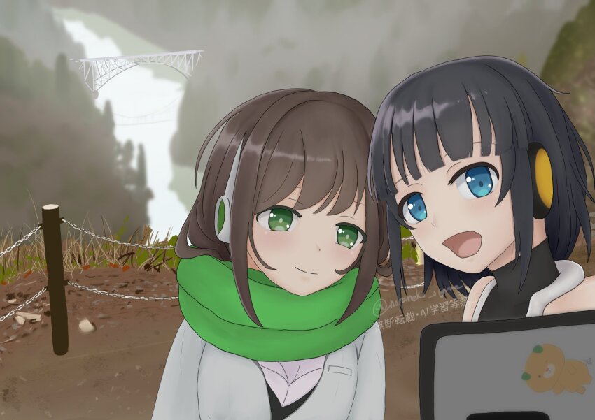 2girls black_hair blue_eyeshadow brown_hair eyeshadow green_eyes multiple_girls niizuru_mafuyu ouji_shigure station_memories