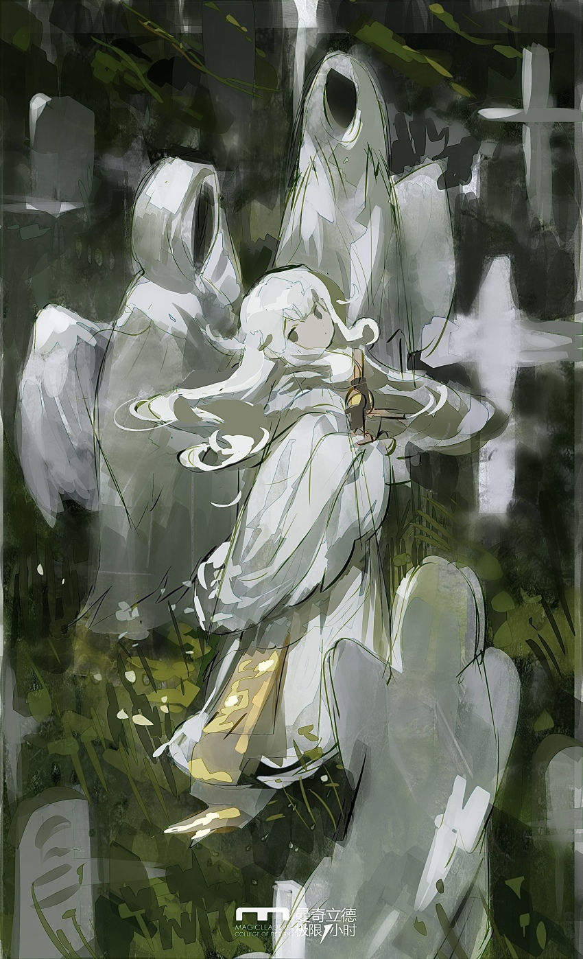 1girl 3others absurdres cloak commentary graveyard highres kikihuihui long_hair long_sleeves looking_at_viewer looking_to_the_side multiple_others one-hour_drawing_challenge original outdoors robe standing white_cloak white_hair white_robe white_wings wings