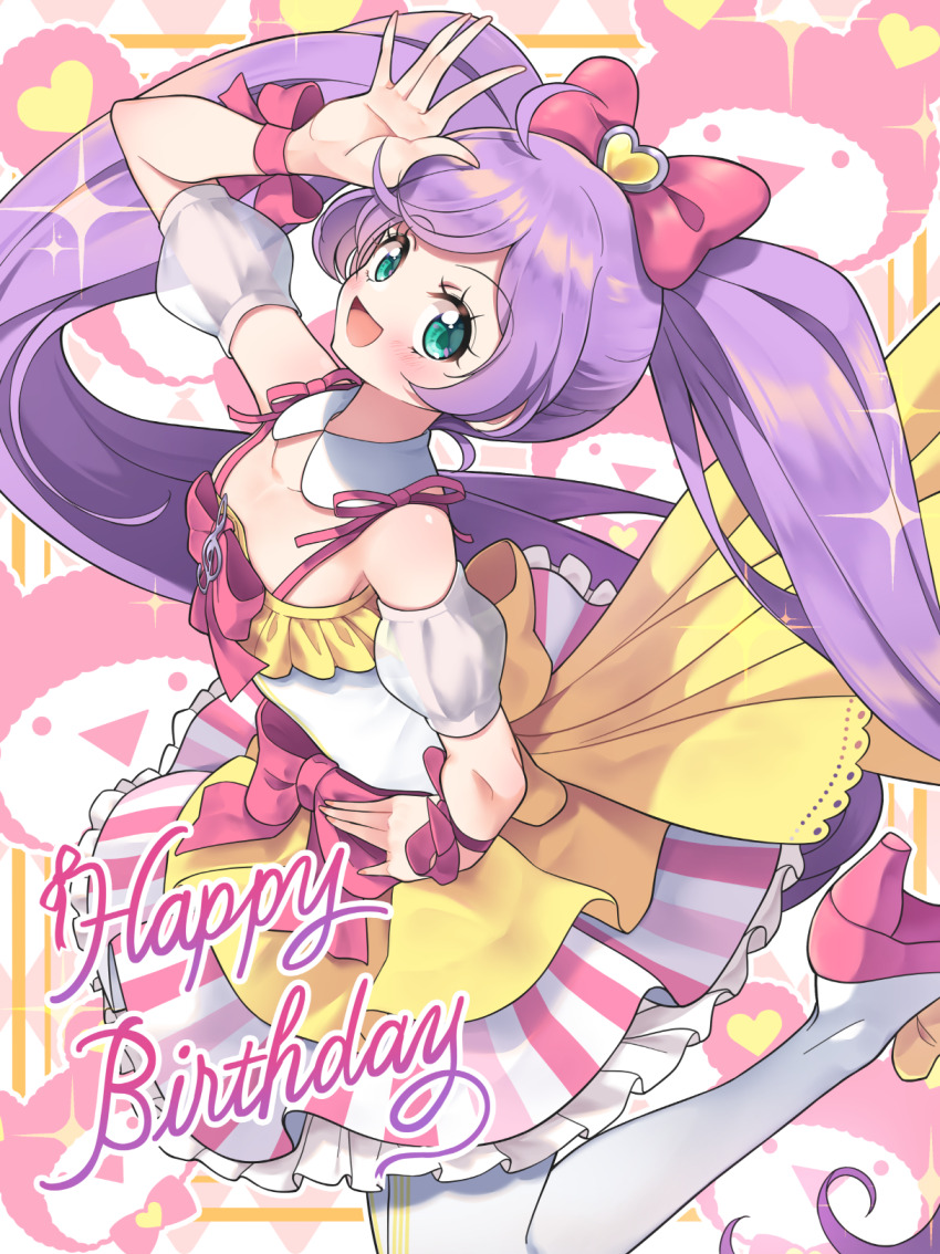 1girl 5553pp :d ahoge arm_up bad_id bad_pixiv_id bare_shoulders bow cameo commentary_request detached_collar detached_sleeves dress full_body green_eyes hair_bow hand_on_own_hip happy_birthday heart high_heels highres idol_clothes kneeling kuma_(pripara) long_hair looking_at_viewer manaka_laala multicolored_dress open_mouth pink_bow pink_shoes pretty_series pripara puffy_detached_sleeves puffy_sleeves purple_hair shoes sleeveless sleeveless_dress smile solo sparkle twintails very_long_hair