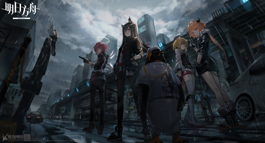2boys 4girls absurdres ahoge animal_ear_fluff animal_ears arknights bird black_gloves black_hair black_legwear blonde_hair briefcase car chain city closed_mouth copyright_name croissant_(arknights) day detached_wings exusiai_(arknights) fingerless_gloves full_body gloves gold_chain green_eyes hair_between_eyes halo highres holding holding_briefcase horns huanxiang_heitu jacket long_hair long_sleeves looking_at_viewer motor_vehicle multiple_boys multiple_girls official_art orange_hair outdoors pantyhose penguin penguin_logistics_(arknights) rain red_eyes red_hair shirt short_hair shorts skirt smile sora_(arknights) sunglasses tail texas_(arknights) emperor_(arknights) third-party_source v white_jacket wings wolf_ears yith_(arknights)