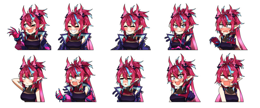 1girl absurdres arm_behind_head black_choker blue_eyes blush choker claws collared_jacket crying ddolbang dragon_girl dragon_horns multiple_expressions fang fangs grin highres horns chromashift jacket kai_saikota long_hair multiple_views one_eye_closed pointing pointing_at_viewer pointy_ears ponytail purple_jacket red_hair red_horns smile streaming_tears tearing_up tears transparent_background v-shaped_eyebrows virtual_youtuber