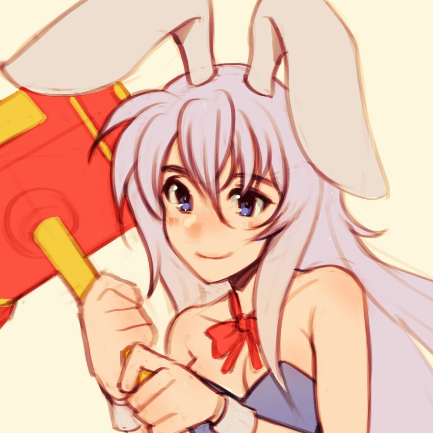 1girl animal_ears bow bowtie breasts cleavage close-up closed_mouth detached_collar erina_(rabi-ribi) hammer happy highres holding holding_hammer leotard long_hair medium_breasts oxcoxa toy_hammer playboy_bunny purple_eyes purple_hair purple_leotard rabbit_ears rabbit_girl rabi-ribi red_bow red_bowtie smile solo very_long_hair wrist_cuffs