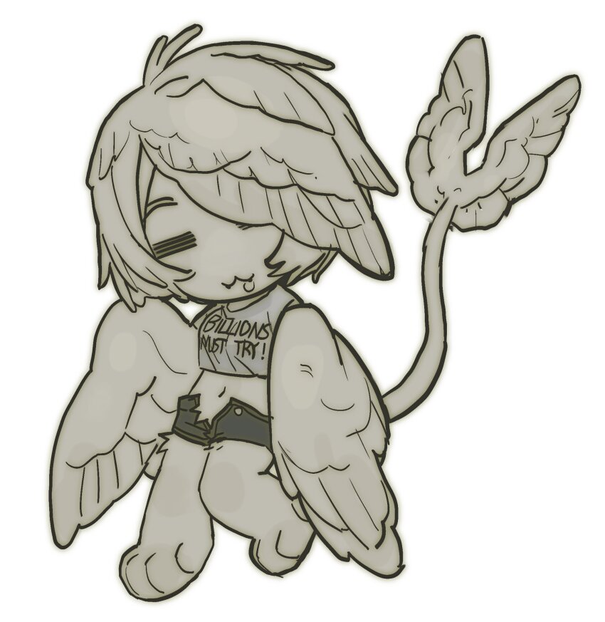 1girl :3 animal_feet closed_eyes cropped_shirt feather_hair feathered_wings full_body grey_hair grey_shirt grey_wings head_wings highres monster_girl muted_color open_fly original senmaze shirt short_hair shorts simple_background solo tail white_background winged_arms winged_tail wings
