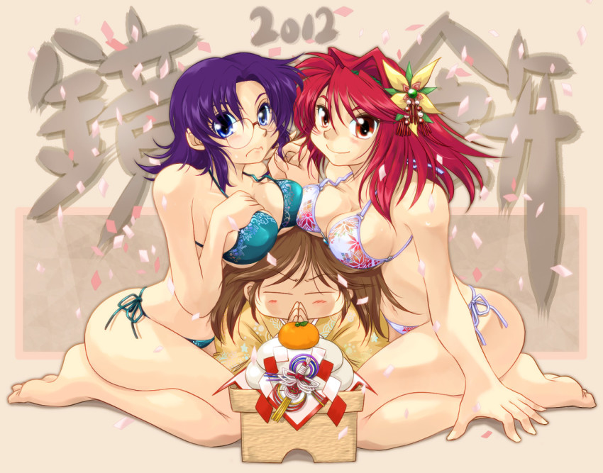 10s 2012 3girls asymmetrical_docking barefoot bikini blue_eyes blue_hair breast_press breast_rest breast_smother breasts breasts_on_head brown_hair closed_eyes cooperative_breast_smother face_to_breasts feet food fruit girl_sandwich glasses hair_ornament mandarin_orange mochi multiple_girls new_year original petals purple_eyes purple_hair ranbu_hararin red_eyes red_hair sandwiched short_hair side-tie_bikini_bottom swimsuit teamwork_(sexual) wagashi yuri