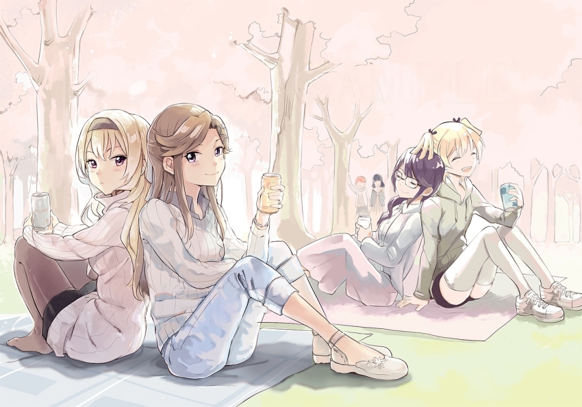 6+girls back-to-back blonde_hair brown_hair can cherry_blossoms closed_eyes couple daiba_nana denim drink_can hanami hanayagi_kaoruko hoshimi_junna isurugi_futaba jeans leaning_back leaning_on_person miniskirt multiple_girls pants picnic picnic_blanket pink_skirt purple_eyes saijou_claudine shoujo_kageki_revue_starlight skirt smile soda_can tendou_maya