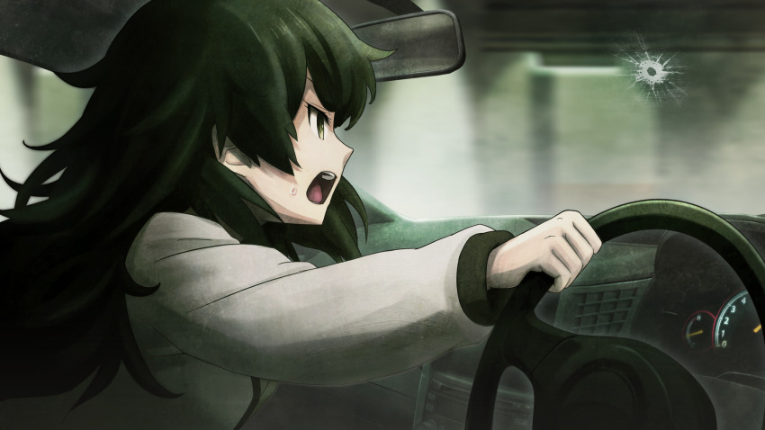 blunt_bangs car car_interior clothing_request collar crack cracked_glass dress driving flat_chest from_side game_cg green_collar green_dress green_eyes green_hair green_trim grey_jacket gunshot highres hiyajou_maho huke jacket jacket_over_dress long_hair long_sleeves looking_to_the_side messy_hair motion_blur motor_vehicle nervous_sweating non-web_source official_art open_mouth rear-view_mirror right-hand_drive ringed_eyes scared shirt shouting steering_wheel steins;gate steins;gate_0 sweat teeth thick_eyebrows tongue v-shaped_eyebrows very_long_hair windshield