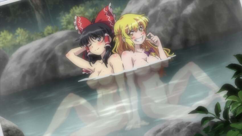 2girls artist_request black_hair blonde_hair blush bow breasts completely_nude convenient_censoring hakurei_reimu highres kirisame_marisa long_hair looking_at_viewer multiple_girls navel nude one_eye_closed onsen partially_submerged purple_bow rock sitting smile teeth the_memories_of_phantasm third-party_source touhou tree water yellow_eyes