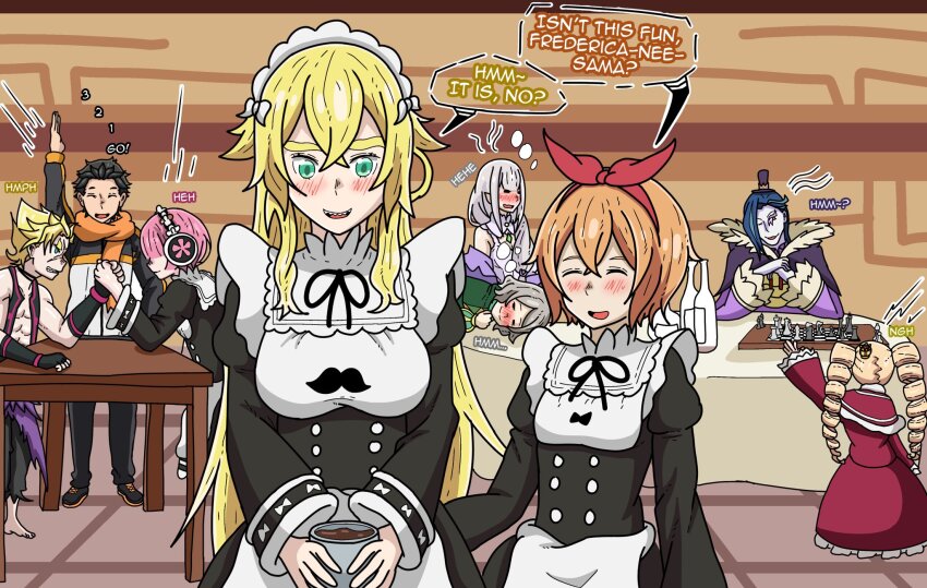 3boys 4girls alcohol apoelayoshi7 apron beatrice_(re:zero) black_hair blonde_hair bottle breasts cup drill_hair drinking_glass emilia_(re:zero) frederica_baumann garfiel_tinsel green_eyes hair_ribbon highres jacket maid maid_apron maid_headdress multiple_boys multiple_girls natsuki_subaru orange_hair otto_suewen petra_leyte pink_hair pointy_ears ram_(re:zero) re:zero_kara_hajimeru_isekai_seikatsu ribbon roswaal_l._mathers roswaal_mansion_maid_uniform table track_jacket track_suit white_hair wine wine_bottle wine_glass winter winter_clothes