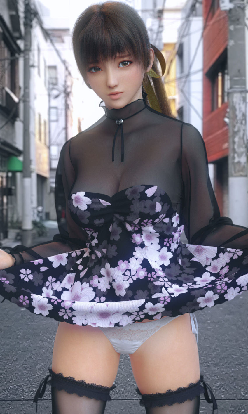 3d brown_eyes brown_hair frontal_upskirt highres incise_soul japanese_clothes kasumi_(doa) ninja m-rs ninja panties tagme underwear white_panties