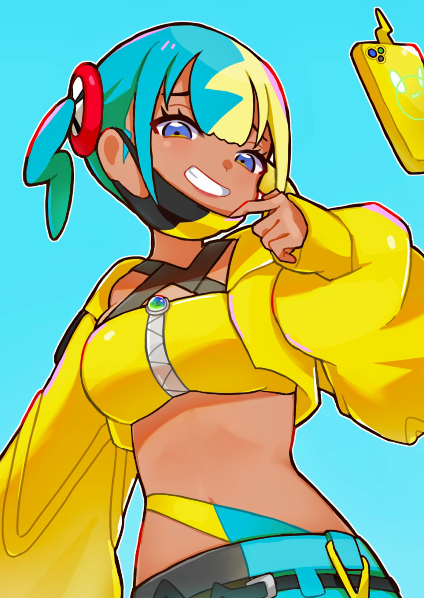 1girl bandeau belt black_belt blue_background blue_eyes canari_(pokemon) commentary_request cropped_jacket eyelashes gen_4_pokemon grin hand_up highres jacket long_sleeves looking_down mask mask_pull meta-g_(curc8737) mouth_mask multicolored_hair nintendo open_clothes open_jacket pants pokemon pokemon_legends:_z-a rotom rotom_phone short_twintails simple_background sleeves_past_wrists smile teeth twintails yellow_bandeau yellow_jacket zipper zipper_pull_tab