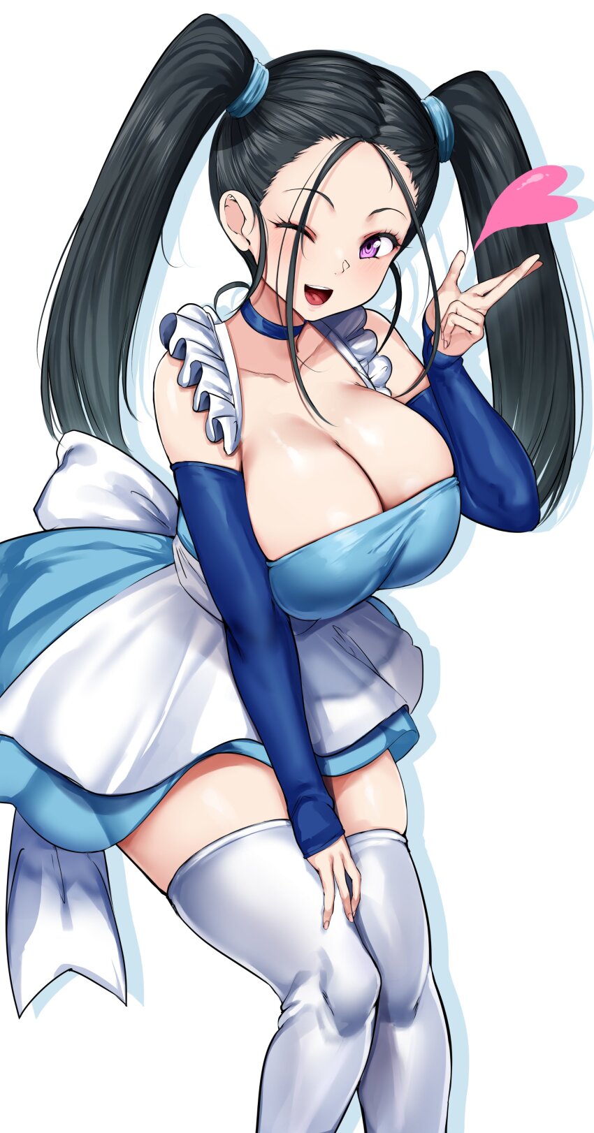 1girl absurdres agetama black_hair blush breasts character_request copyright_request elbow_gloves gloves heart highres large_breasts long_hair looking_at_viewer maid one_eye_closed open_mouth purple_eyes solo thighhighs twintails white_background white_thighhighs