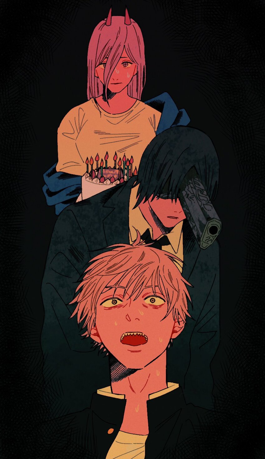 1girl 2boys birthday_cake black_jacket black_necktie blonde_hair breasts cake candle chainsaw_man commentary cross-shaped_pupils denji_(chainsaw_man) food formal_clothes gun gun_devil_(chainsaw_man) hair_between_eyes hayakawa_aki highres horns jacket llq9ull medium_breasts multiple_boys necktie open_mouth pink_hair power_(chainsaw_man) red_horns sharp_teeth suit sweat symbol-only_commentary symbol-shaped_pupils teeth weapon